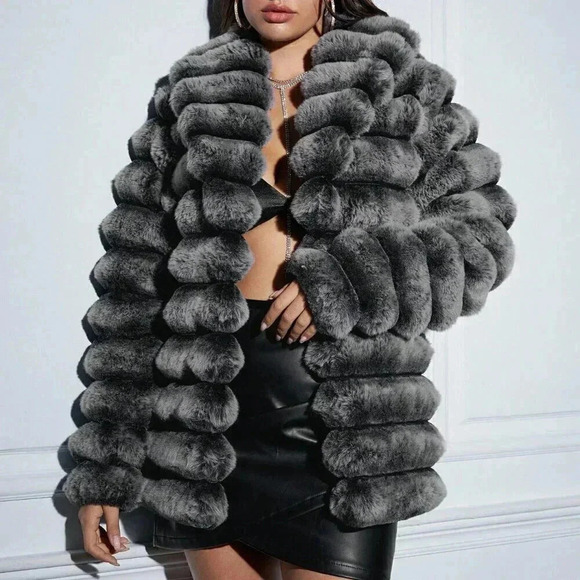 Grey Women's Open Front Fuzzy Coat - Picture 3 of 7